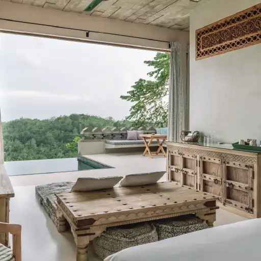 A view of the villa pool from indoors